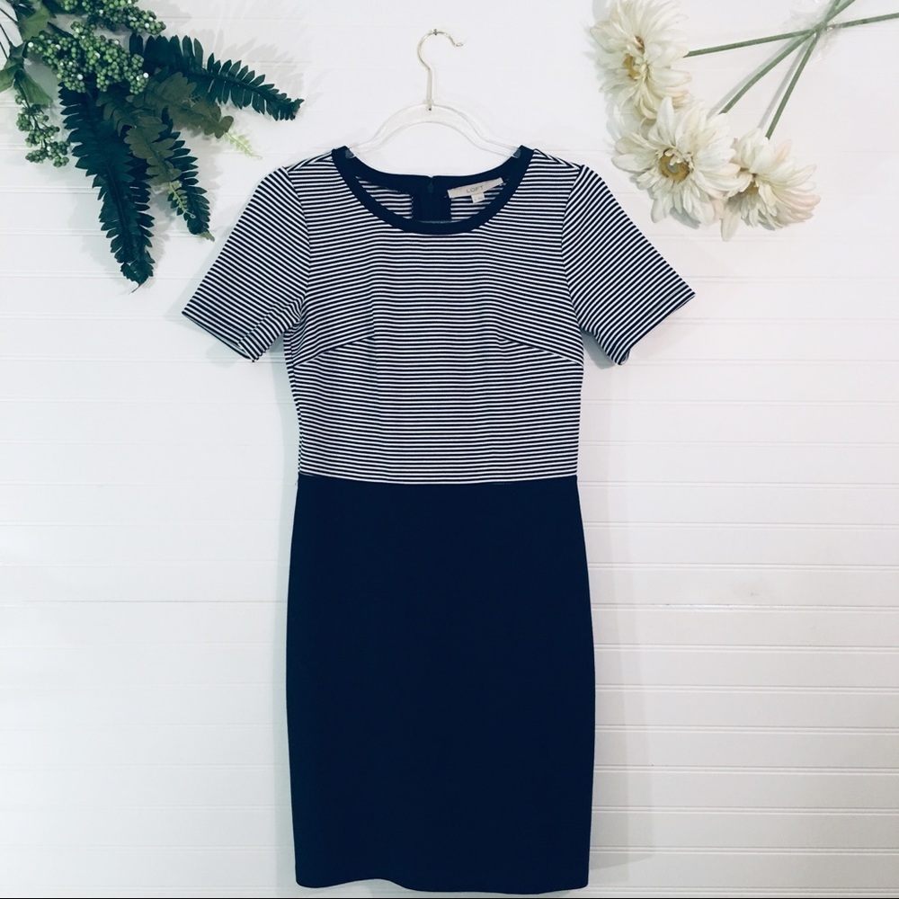 LOFT Black and White Striped Midi Dress